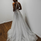 Sparkling white V neck wedding dress
