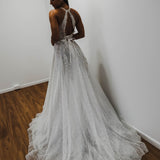 Sparkling white V neck wedding dress for hire