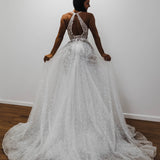 Sparkling white V neck wedding dress