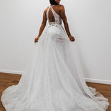 Sparkling white V neck wedding dress