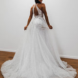 Sparkling white V neck wedding dress for hire
