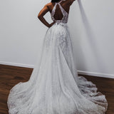Sparkling white V neck wedding dress