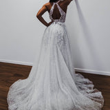Sparkling white V neck wedding dress for hire