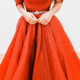 Nyxa dark red with hand made 3D flower bodice princess dress for hire