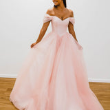 Baby pink with off the shoulder princess dress for hire