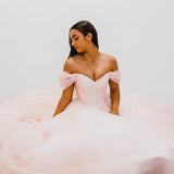 Baby pink with off the shoulder princess dress for hire
