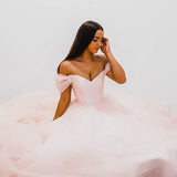 Baby pink with off the shoulder princess dress for hire