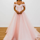Baby pink with off the shoulder princess dress for hire