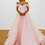 Baby pink with off the shoulder princess dress for hire