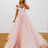 Baby pink with off the shoulder princess dress for hire