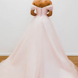Baby pink with off the shoulder princess dress for hire