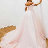 Baby pink with off the shoulder princess dress for hire