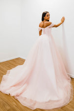 Baby pink with off the shoulder princess dress for hire