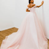 Baby pink with off the shoulder princess dress for hire