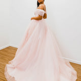 Baby pink with off the shoulder princess dress for hire