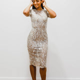 Sparkling nude with sequence dress for hire