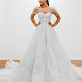 White Flowery lace Wedding Dress with short shoulder sleeves