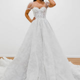 White Flowery lace Wedding Dress with short shoulder sleeves