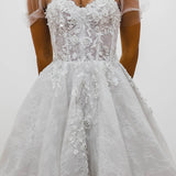 White Flowery lace Wedding Dress with short shoulder sleeves