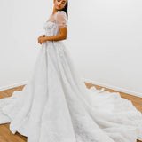 White Flowery lace Wedding Dress with short shoulder sleeves for hire
