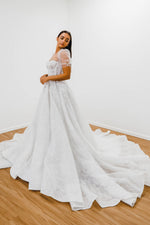 Frida White Flowery lace Wedding Dress with short shoulder sleeves for hire