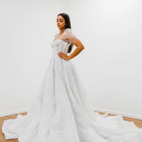 White Flowery lace Wedding Dress with short shoulder sleeves