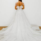 White Flowery lace Wedding Dress with short shoulder sleeves