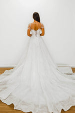 White Flowery lace Wedding Dress with short shoulder sleeves