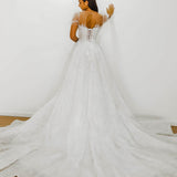 White Flowery lace Wedding Dress with short shoulder sleeves