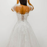 White Flowery lace Wedding Dress with short shoulder sleeves