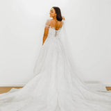 White Flowery lace Wedding Dress with short shoulder sleeves