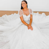 White Flowery lace Wedding Dress with short shoulder sleeves