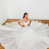 White Flowery lace Wedding Dress with short shoulder sleeves for hire