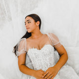 White Flowery lace Wedding Dress with short shoulder sleeves for hire
