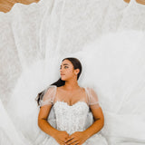White Flowery lace Wedding Dress with short shoulder sleeves for hire