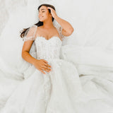 White Flowery lace Wedding Dress with short shoulder sleeves