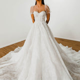 White Flowery lace Wedding Dress with short shoulder sleeves for hire