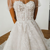 White Flowery lace Wedding Dress with short shoulder sleeves for hire