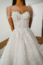 Frida White Flowery lace Wedding Dress with short shoulder sleeves for hire
