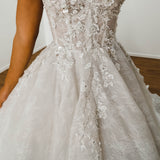 White Flowery lace Wedding Dress with short shoulder sleeves