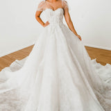 White Flowery lace Wedding Dress with short shoulder sleeves