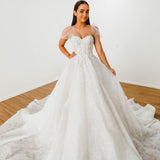 White Flowery lace Wedding Dress with short shoulder sleeves for hire