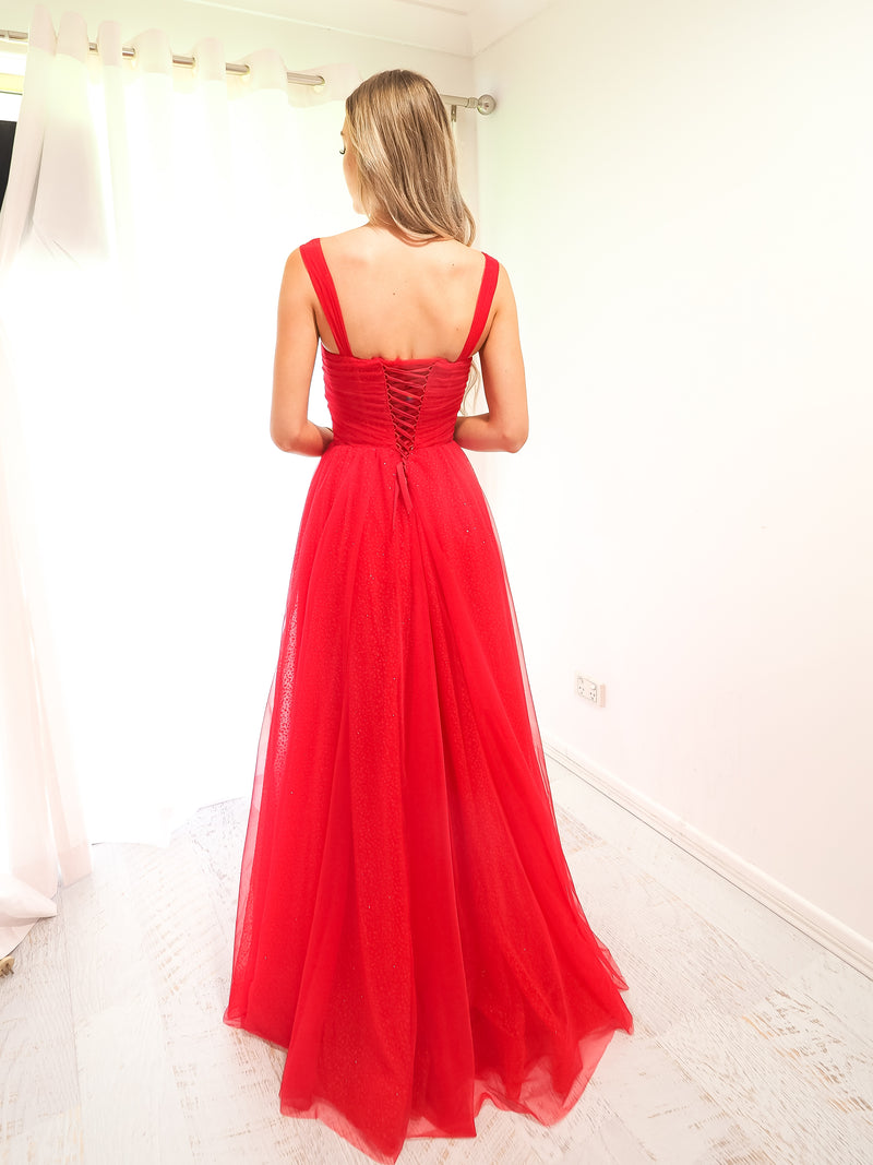 Red sparkling  tulle dress with hidden bustier bust
