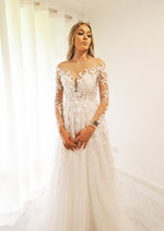 Amy White Flowery Tulle Wedding Dress with sleeves