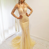 Sparkling Gold Beaded Deep V Mermaid Dress with long sleeves for hire.
