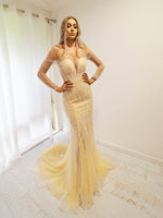 Sparkling Gold Beaded Deep V Mermaid Dress with long sleeves (sample sale)