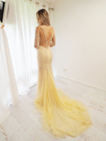 Sparkling Gold Beaded Deep V Mermaid Dress with long sleeves for hire.