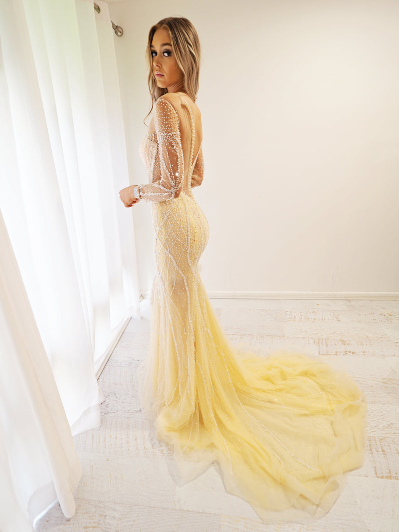 Sparkling Gold Beaded Deep V Mermaid Dress with long sleeves.