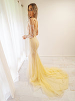 Sparkling Gold Beaded Deep V Mermaid Dress with long sleeves (sample sale)