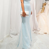 Blue sparkling mermaid dress crescent moon neckline